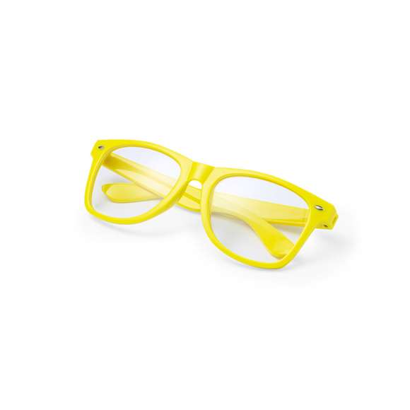 Divertidas gafas de clásico diseño con lentes transparentes y brillante montura en variada gama de vivos colores fluorescentes.