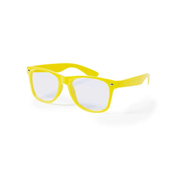 Divertidas gafas de clásico diseño con lentes transparentes y brillante montura en variada gama de vivos colores fluorescentes.