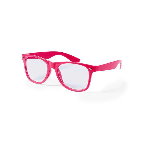 Divertidas gafas de clásico diseño con lentes transparentes y brillante montura en variada gama de vivos colores fluorescentes.