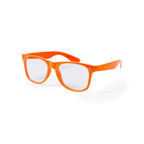 Divertidas gafas de clásico diseño con lentes transparentes y brillante montura en variada gama de vivos colores fluorescentes.