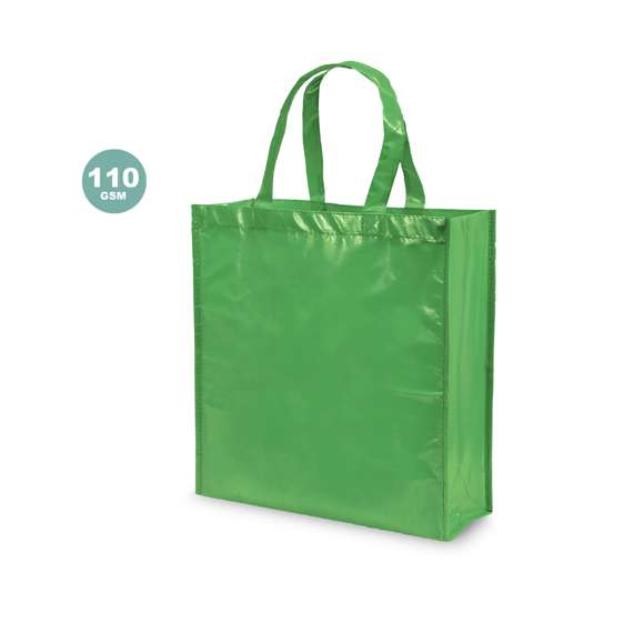 Bolsa de alta calidad en non-woven laminado de 110g/m2, en variada gama de vivos colores brillantes. Con asas reforzadas cortas de 35cm, fuelle y acabado cosido. Resistencia hasta 5kg de peso.
