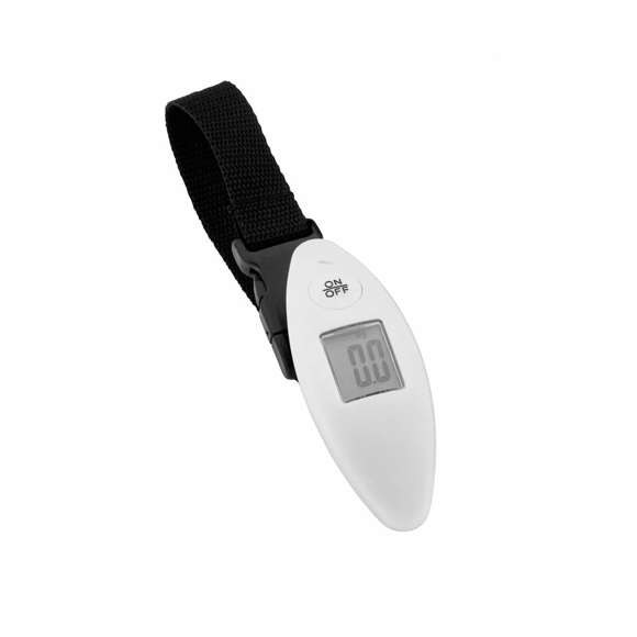 Práctica báscula digital para equipaje en vivos colores. Con pila de botón incluida y peso máximo de 40kg.