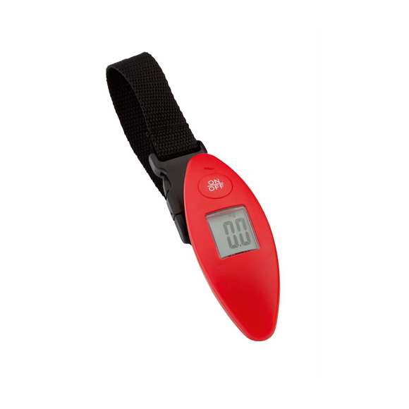 Práctica báscula digital para equipaje en vivos colores. Con pila de botón incluida y peso máximo de 40kg.