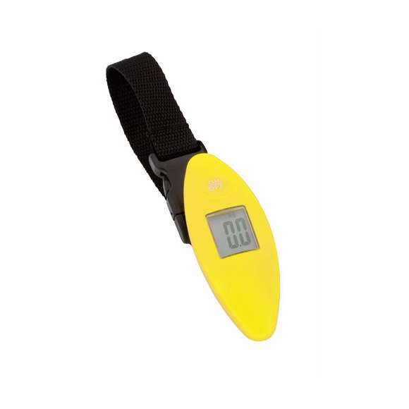 Práctica báscula digital para equipaje en vivos colores. Con pila de botón incluida y peso máximo de 40kg.