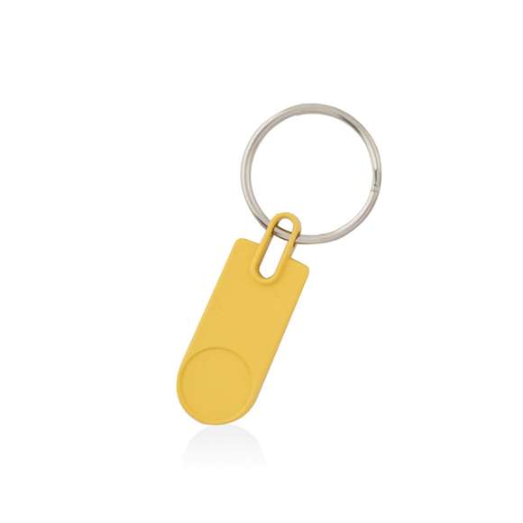 Llavero de divertido diseño de variados y vivos colores. Con cuerpo metálico troquelado especialmente diseñado para marcaje en doming/gota de resina.