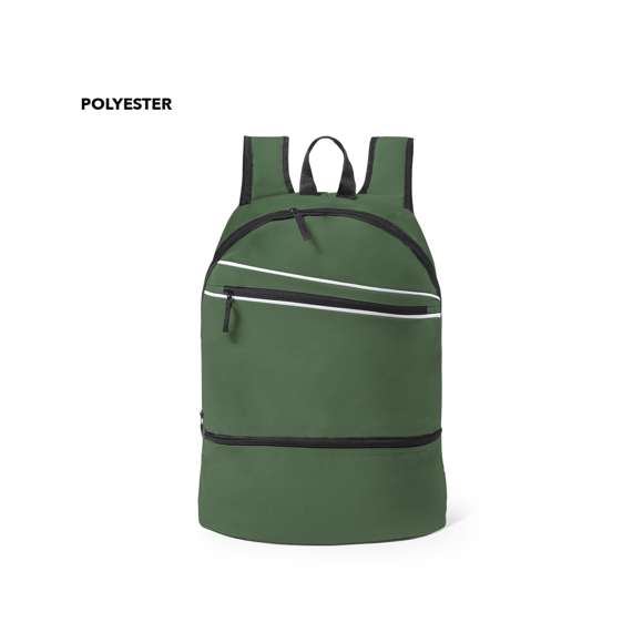 Mochila en resistente poliéster 600D de desenfadado diseño en variada gama de colores y con compartimento independiente para el calzado. De cierre de cremallera con cinta en tirador para fácil apertura y bolsillo frontal. Espalda acolchada y cintas de hombros ajustables con acolchado ergonómico.