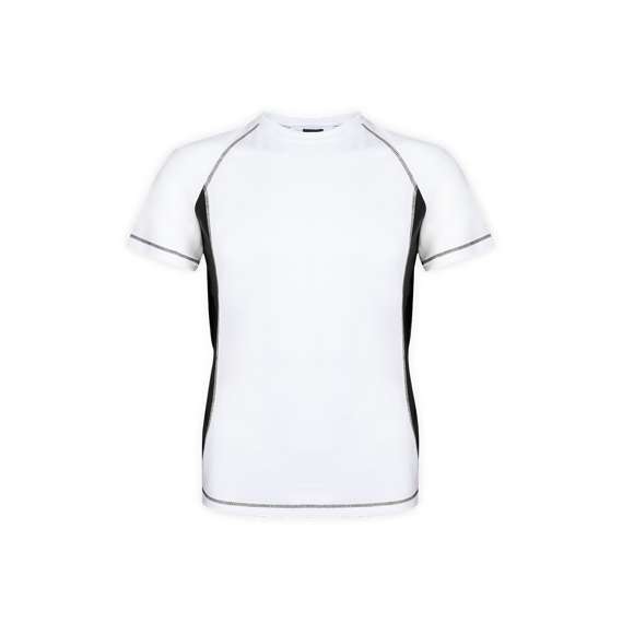 Camiseta técnica para adulto en material 100% poliéster transpirable de 135g/m2. Diseño en color blanco con costuras de refuerzo y laterales en vivos colores. Disponible en tallas S, M, L, XL, XXL.