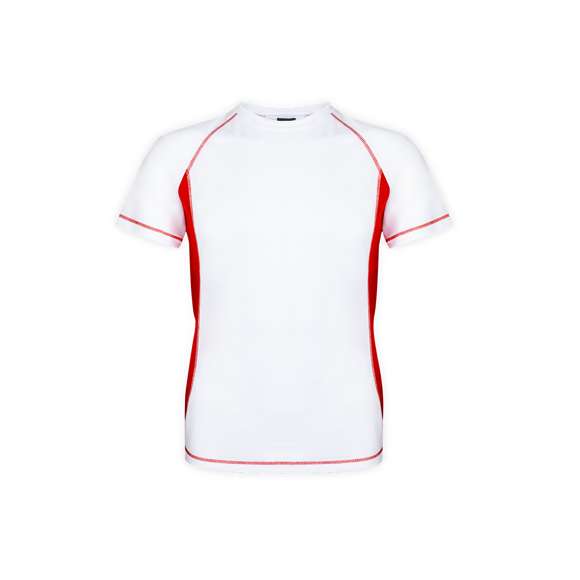 Camiseta técnica para adulto en material 100% poliéster transpirable de 135g/m2. Diseño en color blanco con costuras de refuerzo y laterales en vivos colores. Disponible en tallas S, M, L, XL, XXL.