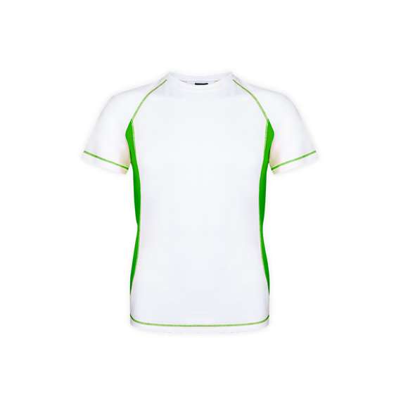 Camiseta técnica para adulto en material 100% poliéster transpirable de 135g/m2. Diseño en color blanco con costuras de refuerzo y laterales en vivos colores. Disponible en tallas S, M, L, XL, XXL.
