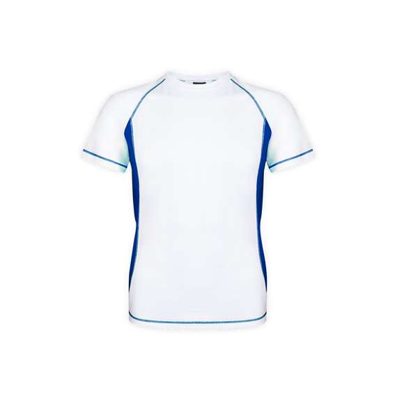 Camiseta técnica para adulto en material 100% poliéster transpirable de 135g/m2. Diseño en color blanco con costuras de refuerzo y laterales en vivos colores. Disponible en tallas S, M, L, XL, XXL.