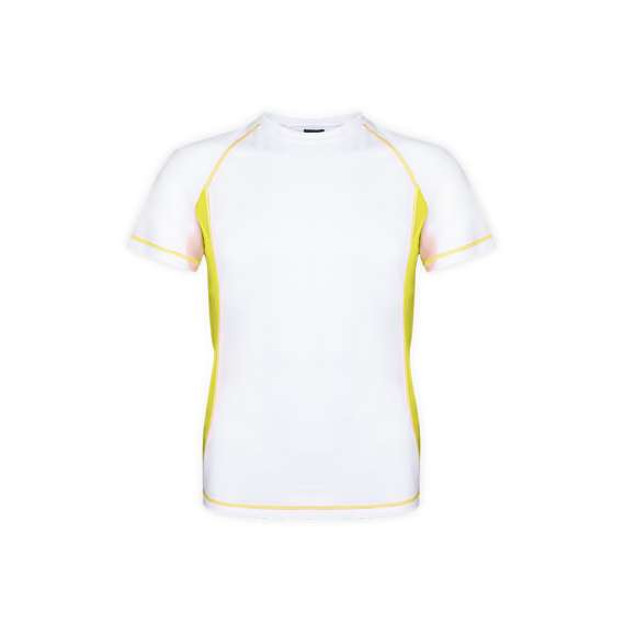 Camiseta técnica para adulto en material 100% poliéster transpirable de 135g/m2. Diseño en color blanco con costuras de refuerzo y laterales en vivos colores. Disponible en tallas S, M, L, XL, XXL.