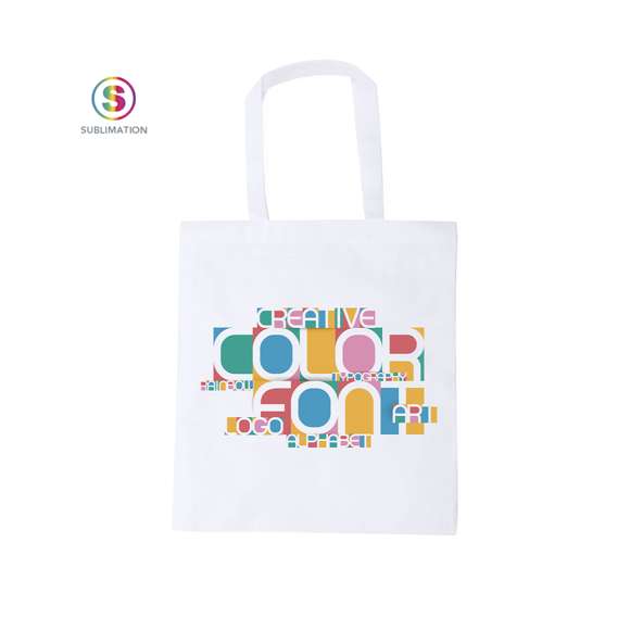 Bolsa de non-woven de 80g/m2 en color blanco especialmente diseñada para marcaje en sublimación. Con asas largas de 60cm y acabado cosido.