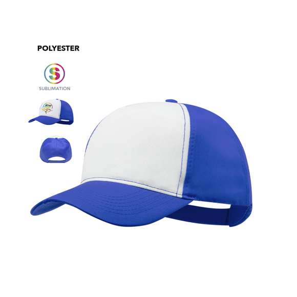 Gorra tipo trucker de 5 paneles en material 100% poliéster de suave acabado y cierre ajustable de velcro. Con frontal en color blanco y cuerpo/visera en variada gama de vivos colores. Especialmente diseñada para marcaje en sublimación.