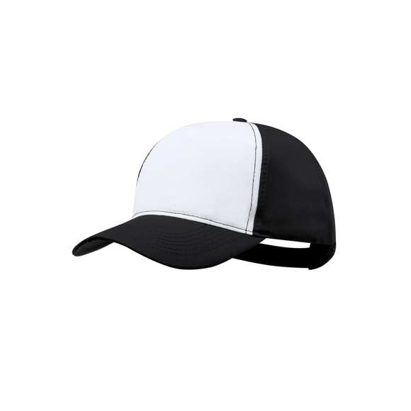 Gorra tipo trucker de 5 paneles en material 100% poliéster de suave acabado y cierre ajustable de velcro. Con frontal en color blanco y cuerpo/visera en variada gama de vivos colores. Especialmente diseñada para marcaje en sublimación.