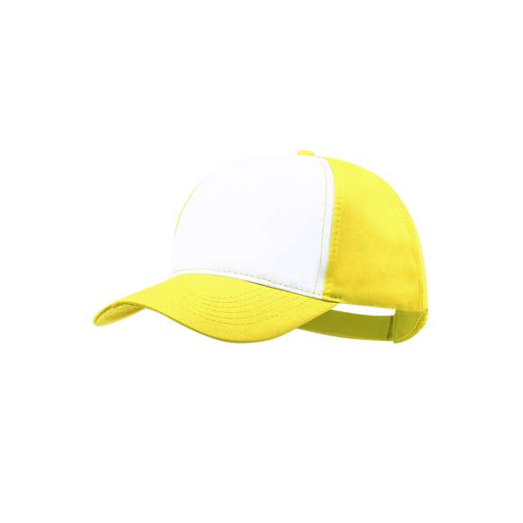 Gorra tipo trucker de 5 paneles en material 100% poliéster de suave acabado y cierre ajustable de velcro. Con frontal en color blanco y cuerpo/visera en variada gama de vivos colores. Especialmente diseñada para marcaje en sublimación.