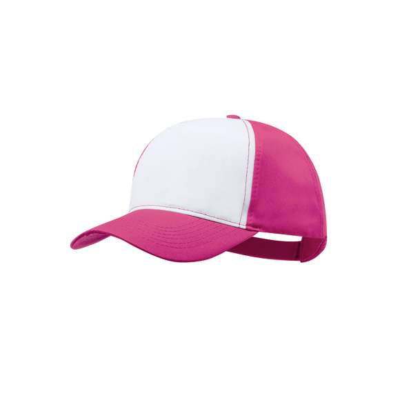Gorra tipo trucker de 5 paneles en material 100% poliéster de suave acabado y cierre ajustable de velcro. Con frontal en color blanco y cuerpo/visera en variada gama de vivos colores. Especialmente diseñada para marcaje en sublimación.