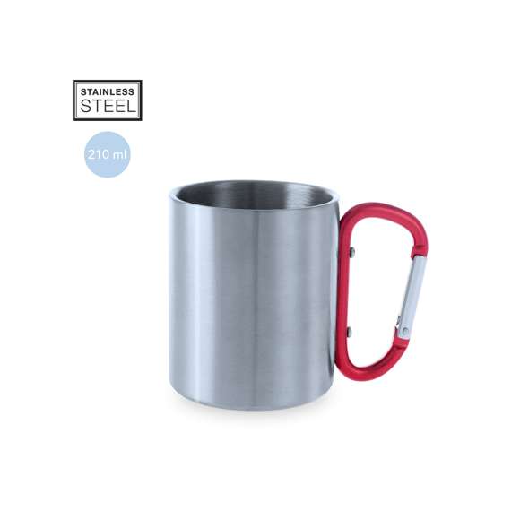 Taza de acero inox de 210ml, con cuerpo de acabado brillante metálico y una funcional asa en forma de mosquetón de colores variados pudiendo ser fácil de transportar. Presentada en una caja de cartón Kraft.