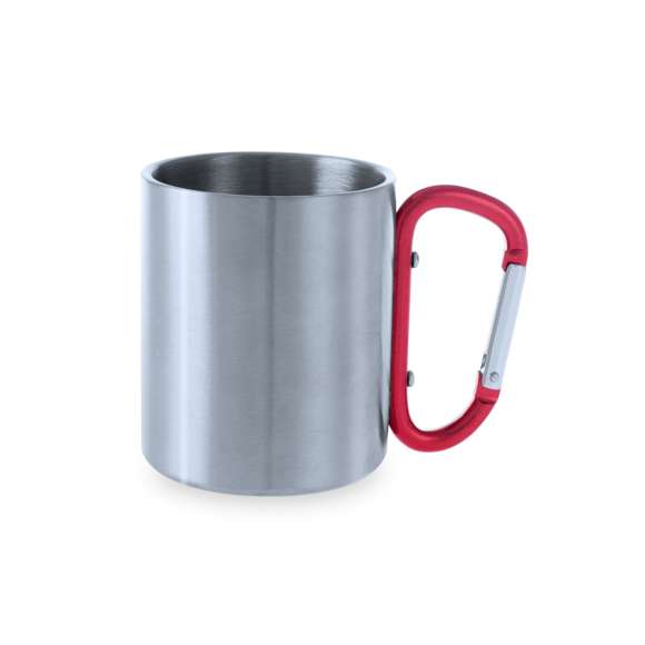 Taza de acero inox de 210ml, con cuerpo de acabado brillante metálico y una funcional asa en forma de mosquetón de colores variados pudiendo ser fácil de transportar. Presentada en una caja de cartón Kraft.