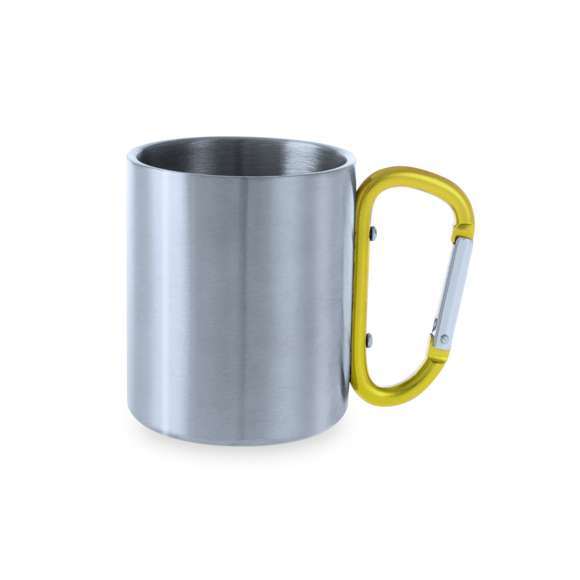 Taza de acero inox de 210ml, con cuerpo de acabado brillante metálico y una funcional asa en forma de mosquetón de colores variados pudiendo ser fácil de transportar. Presentada en una caja de cartón Kraft.