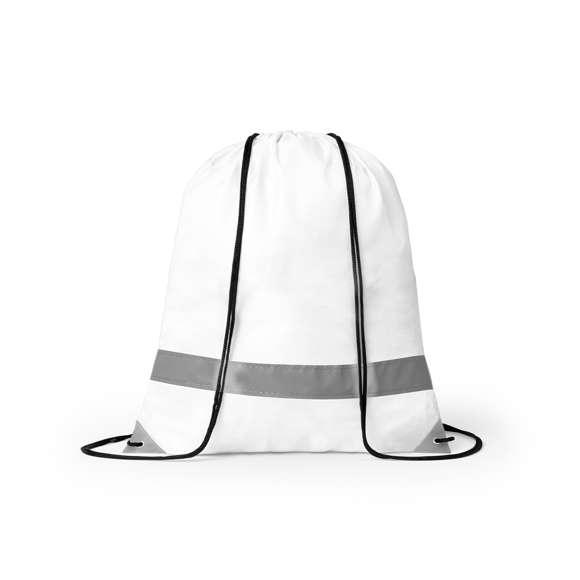 Mochila reflectante en suave poliéster 190T de alegres colores, con tira frontal reflectante. Cuerdas autocierre en color negro y esquinas reflectantes reforzadas con argollas metálicas.