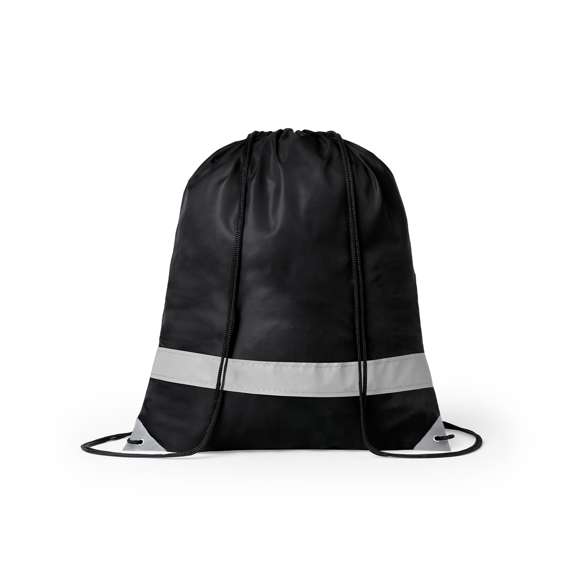 Mochila reflectante en suave poliéster 190T de alegres colores, con tira frontal reflectante. Cuerdas autocierre en color negro y esquinas reflectantes reforzadas con argollas metálicas.