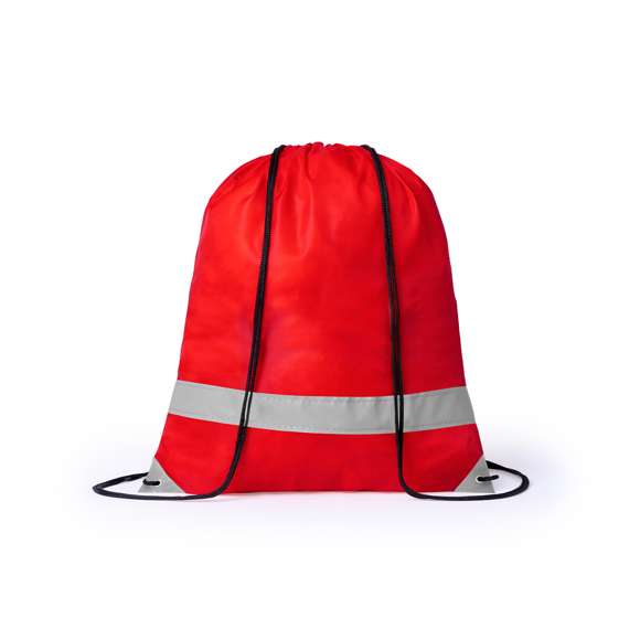 Mochila reflectante en suave poliéster 190T de alegres colores, con tira frontal reflectante. Cuerdas autocierre en color negro y esquinas reflectantes reforzadas con argollas metálicas.