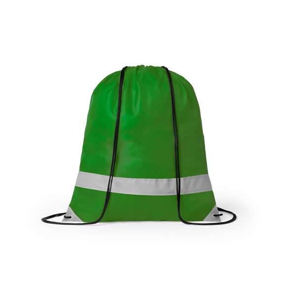 Mochila reflectante en suave poliéster 190T de alegres colores, con tira frontal reflectante. Cuerdas autocierre en color negro y esquinas reflectantes reforzadas con argollas metálicas.