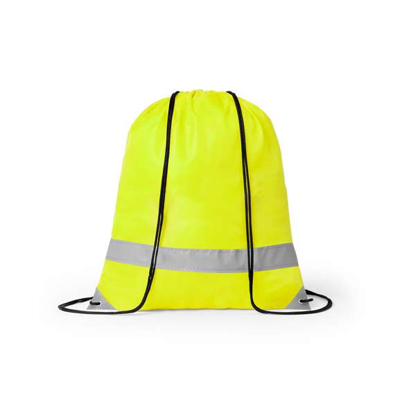 Mochila reflectante en suave poliéster 190T de alegres colores, con tira frontal reflectante. Cuerdas autocierre en color negro y esquinas reflectantes reforzadas con argollas metálicas.