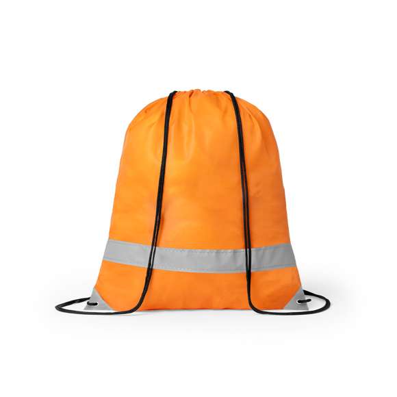 Mochila reflectante en suave poliéster 190T de alegres colores, con tira frontal reflectante. Cuerdas autocierre en color negro y esquinas reflectantes reforzadas con argollas metálicas.