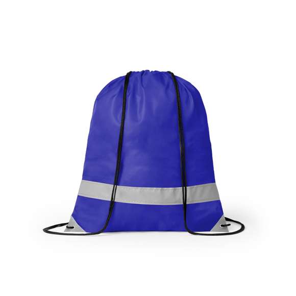 Mochila reflectante en suave poliéster 190T de alegres colores, con tira frontal reflectante. Cuerdas autocierre en color negro y esquinas reflectantes reforzadas con argollas metálicas.