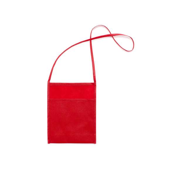 Portatodo en non-woven de variados y alegres colores con bolsillo de gran capacidad. Ribetes y cinta para hombro a juego.