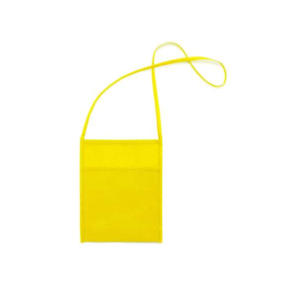 Portatodo en non-woven de variados y alegres colores con bolsillo de gran capacidad. Ribetes y cinta para hombro a juego.