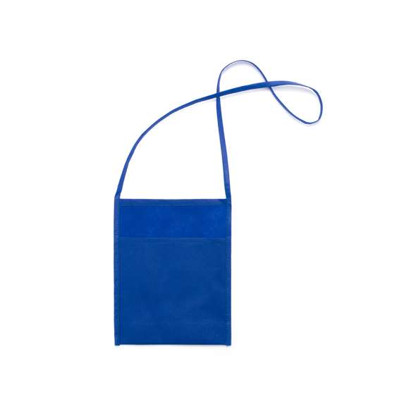 Portatodo en non-woven de variados y alegres colores con bolsillo de gran capacidad. Ribetes y cinta para hombro a juego.