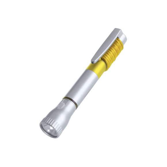 Boligrafo con linterna led integrada. De original diseño bicolor y cuerpo en suave acabado de color plateado. Capucha translúcida en vivos colores con cinta de transporte a juego. En tinta azul y con pilas de botón incluidas.