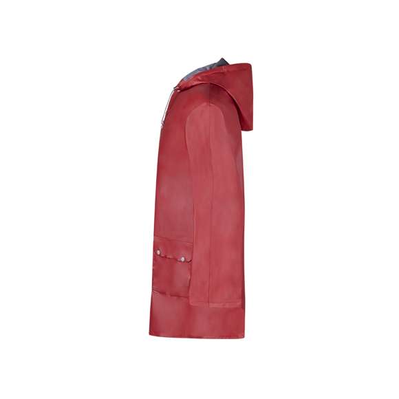 Impermeable en resistente PVC de acabado termosellado en variada gama de colores. Con capucha y cordones de ajuste, cierres de corchete y bolsillos. Disponible en tallas M-L, XL-XXL.