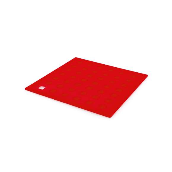 Salvamantel en flexible silicona de vivos colores con superficie reforzada antideslizante y troquelado para colgar.