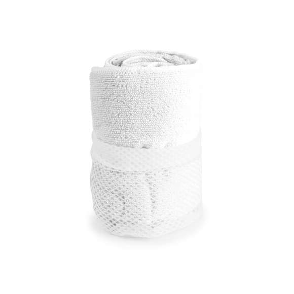 Toalla de 100x50cm en absorbente y suave microfibra de 185g/m2 en variados colores. Presentada en práctica bolsa de transporte de redecilla con accesorio de ajuste.