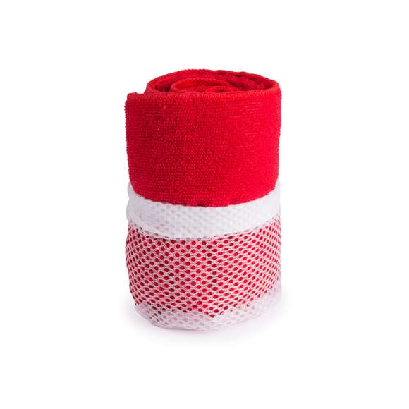 Toalla de 100x50cm en absorbente y suave microfibra de 185g/m2 en variados colores. Presentada en práctica bolsa de transporte de redecilla con accesorio de ajuste.
