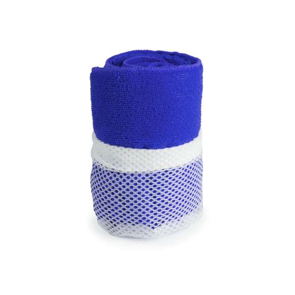 Toalla de 100x50cm en absorbente y suave microfibra de 185g/m2 en variados colores. Presentada en práctica bolsa de transporte de redecilla con accesorio de ajuste.