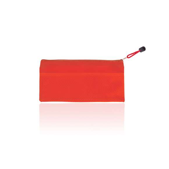 Estuche de cremallera con suave cuerpo acabado en PVC de viva gama de colores. Con cinta a juego en tirador para fácil apertura.