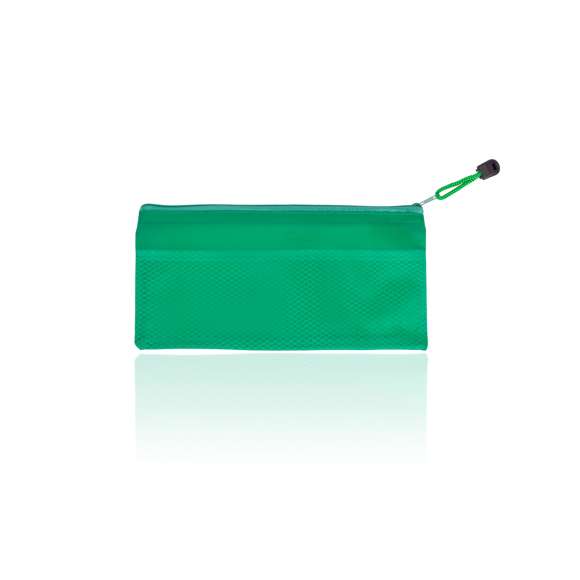 Estuche de cremallera con suave cuerpo acabado en PVC de viva gama de colores. Con cinta a juego en tirador para fácil apertura.