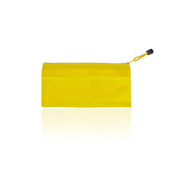 Estuche de cremallera con suave cuerpo acabado en PVC de viva gama de colores. Con cinta a juego en tirador para fácil apertura.