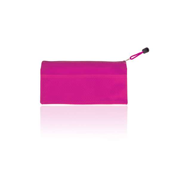 Estuche de cremallera con suave cuerpo acabado en PVC de viva gama de colores. Con cinta a juego en tirador para fácil apertura.