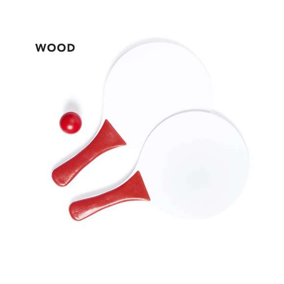 Par de palas de playa en madera natural con mango reforzado en variada gama de vivos colores. Presentadas en bolsa redecilla con pelota a juego.