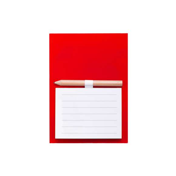 Imán bloc de notas en resistente cartón de vivos y variados colores. Bloc de 40 hojas de distribución a una raya con soporte para minilápiz -incluido-.