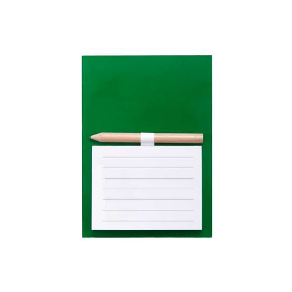 Imán bloc de notas en resistente cartón de vivos y variados colores. Bloc de 40 hojas de distribución a una raya con soporte para minilápiz -incluido-.