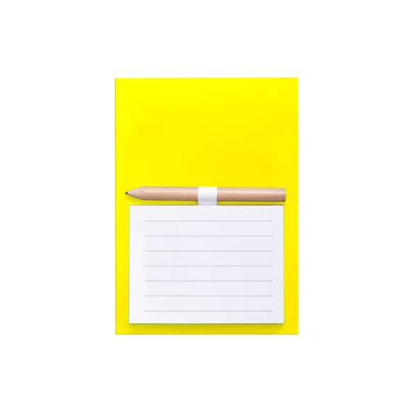 Imán bloc de notas en resistente cartón de vivos y variados colores. Bloc de 40 hojas de distribución a una raya con soporte para minilápiz -incluido-.