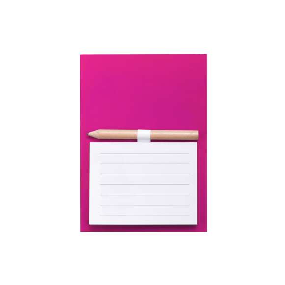 Imán bloc de notas en resistente cartón de vivos y variados colores. Bloc de 40 hojas de distribución a una raya con soporte para minilápiz -incluido-.