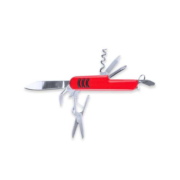 Navaja multiusos con accesorios de acero inox de 9 funciones y mango con accesorio anideslizante en vivos colores. Presentada en caja individual.
