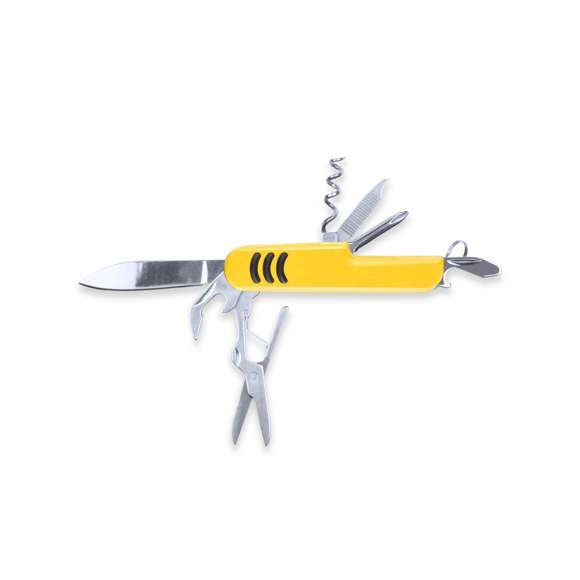Navaja multiusos con accesorios de acero inox de 9 funciones y mango con accesorio anideslizante en vivos colores. Presentada en caja individual.